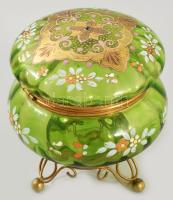 Zöld üveg bonbonniere. Kézzel festett, fém szerelékkel. hibátlan d: 12 cm