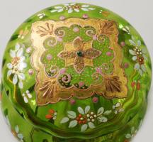 Zöld üveg bonbonniere. Kézzel festett, fém szerelékkel. hibátlan d: 12 cm