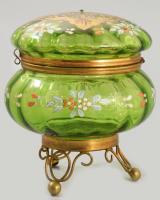 Zöld üveg bonbonniere. Kézzel festett, fém szerelékkel. hibátlan d: 12 cm