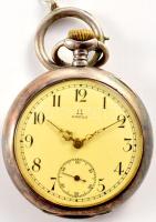 Omega ezüst (Ag) tokos zsebóra, másodperc segédkörrel, nem működik, d: 4 cm, ezüst (Ag) lánccal, bru...