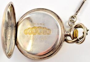 Omega ezüst (Ag) tokos zsebóra, másodperc segédkörrel, nem működik, d: 4 cm, ezüst (Ag) lánccal, bru...