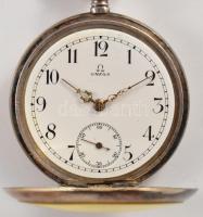 Omega ezüst (Ag) tokos zsebóra, másodperc segédkörrel, nem működik, d: 4 cm, ezüst (Ag) lánccal, bru...