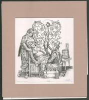 Vén Zoltán (1941-): Karácsony. Rézmetszet, tus, papír, jelzett, paszpartuban, hátoldalán Vén Zoltán autográf ajánlásával Arató Antal gyűjtő részére. 19×17 cm