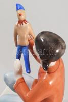 Hollóházi bohóccal babázó kislány. Jelzett, kézzel festett, hibátlan, m: 12 cm