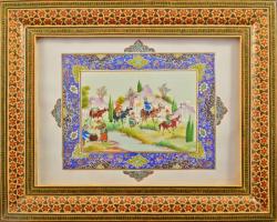 Iráni, kézzel festett, műanyag lapra készített festmény, dekoratív keretben 20x16 cm
