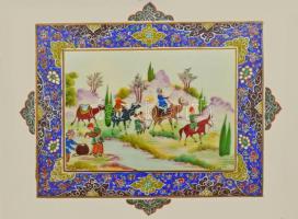 Iráni, kézzel festett, műanyag lapra készített festmény, dekoratív keretben 20x16 cm