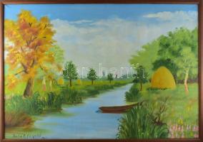 Bobek László jelzéssel: Magányos lovas (cím nélkül). Olaj, vászon. Sérült, javított. Fakeretben, 65x91 cm