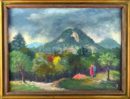 Olvashatatlan (Csuka?) jelzéssel: Kiránduló pár. Olaj, fa. Fakeretben, 48x65 cm