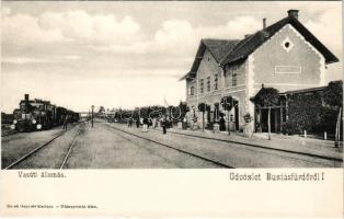 Buziásfürdő, Baile Buzias; vasútállomás, gőzmozdony, vonat. Nosek Gusztáv kiadása / railway station, locomotive, train
