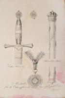 1808 [A Lipót tisztjeinek kellékeit ábrázoló nagy méretű rézmetszet] Ritter-Schwert- Herold-Stab- Medaillon für die Ordensoffiziere des kais. oest. Leopolds Ordens. Wien, 1808. T. Fischer. Nagy méretű rézmetszet, selyem előzéklappal. 27,5x39,5 cm Foltos / Copper plate engraving stained