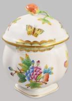 Herendi Viktória mintás fedeles edény eperfogóval. Jelzett, kézzel festett, hibátlan, 11x11x15 cm