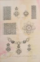 1808 [A Lipót rend érdemrendjeit ábrázoló nagy méretű rézmetszet] Ehrenzeichen des kais. oest. Leopolds Ordens. Wien, 1808. T. Fischer. Nagy méretű rézmetszet, selyem előzéklappal. 27,5x39,5 cm Foltos / Copper plate engraving stained