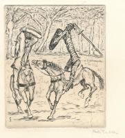 Perei Zoltán (1913-1992): Párbaj (Don Quijote illusztráció), 1949. Rézmetszet, papír, jelzett. Az 1949-ben megjelent Don Quijote de la Mancha élete c. mappából. 12x10 cm. Ritka!