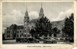 Budapest XX. Pestszenterzsébet, Pesterzsébet, Erzsébetfalva; Városháza, Kossuth szobor, automobilok (b)