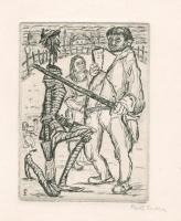 Perei Zoltán (1913-1992): A viaskodás után lovaggá ütik (Don Quijote illusztráció), 1949. Rézmetszet, papír, jelzett. Az 1949-ben megjelent Don Quijote de la Mancha élete c. mappából. 12x9 cm. Ritka!