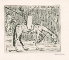 Perei Zoltán (1913-1992): Don Quijote illusztráció, 1949. Rézmetszet, papír, jelzett. Az 1949-ben megjelent Don Quijote de la Mancha élete c. mappából. Apró lapszéli folttal. 9x11 cm. Ritka!