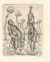 Perei Zoltán (1913-1992): Szerződtette fegyverhordozónak Sancho Panzat (Don Quijote illusztráció), 1949. Rézmetszet, papír, jelzett. Az 1949-ben megjelent Don Quijote de la Mancha élete c. mappából. Apró lapszéli folttal. 12x9,5 cm. Ritka!