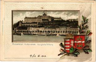 1902 Budapest I. Királyi várlak, gőzhajó, címer. Emb. litho (lyuk / pinhole)