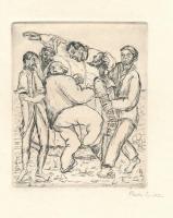 Perei Zoltán (1913-1992): Öszvérhajcsárokkal viaskodik (Don Quijote illusztráció), 1949. Rézmetszet, papír, jelzett. Az 1949-ben megjelent Don Quijote de la Mancha élete c. mappából. 11,5x9 cm. Ritka!