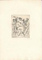 Perei Zoltán (1913-1992): Öszvérhajcsárokkal viaskodik (Don Quijote illusztráció), 1949. Rézmetszet,...