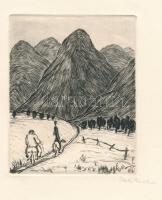 Perei Zoltán (1913-1992): Útban a Fekete-hegység felé (Don Quijote illusztráció), 1949. Rézmetszet, papír, jelzett. Az 1949-ben megjelent Don Quijote de la Mancha élete c. mappából. 11,5x9 cm. Apró lapszéli folttal. Ritka!