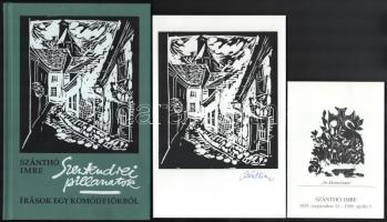 Szánthó Imre: Szentendrei pillanatok. Írások egy komódfiókból. A szerző, Szánthó Imre (1925-1998) festő, grafikus, Szentendre díszpolgára által dedikált példány. [Szentendre], 1994, Gaján Éva, 138+(6) p. A szerző rajzaival és linómetszeteivel illusztrálva. Kiadói kartonált papírkötés. + Szánthó Imre aláírt linómetszete, könyvbemutatójának meghívója, valamint gyászjelentése