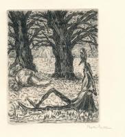 Perei Zoltán (1913-1992): Miután a fegyencek megverték és kifosztották őket, megpihennek az erdőben (Don Quijote illusztráció), 1949. Rézmetszet, papír, jelzett. Az 1949-ben megjelent Don Quijote de la Mancha élete c. mappából. 12x9,5 cm. Apró lapszéli folttal. Ritka!