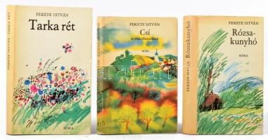 Fekete István 3 kötete: Tarka rét. Elbeszélések és versek. Bp., 1973, Móra. Első kiadás. + Rózsakunyhó. Elbeszélések és karcolatok. Bp., 1973, Móra. Első kiadás. + Csí és más elbeszélések. Bp., 1974, Móra. Kiadói egészvászon-kötés, kiadói papír védőborítóban, vegyes állapotban.