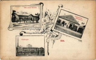 Bük, Déli vasútállomás, Fogyasztási Szövetkezet üzlete, Cukorgyár. Monsberger Gottfrid kiadása. Art Nouveau, floral (fl)