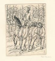 Perei Zoltán (1913-1992): Találkozás a fegyencekkel, mielőtt kiszabadítaná őket (Don Quijote illusztráció), 1949. Rézmetszet, papír, jelzett. Az 1949-ben megjelent Don Quijote de la Mancha élete c. mappából. 12x9,5 cm. Ritka!
