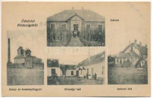 1925 Földsziget, Csorna; Iskola, Szesz- és keményítőgyár, Urasági lak, Intézői lak. Szilágyi Arthur kiadása (gyűrődés / creae)
