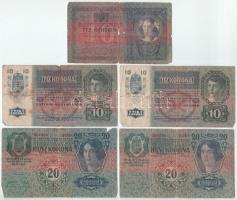 1904. 10K + 1912-1915. 10K (2x) + 20K (2x) + 50K (2x) + 100K (2x), mindegyik felülbélyegzés nélkül T:VG,G
