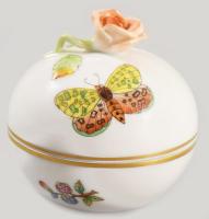 Herendi Viktória mintás bonbonier, rózsa fogóval. Jelzett, rózsán minimális pattogzással, d: 7,5 cm