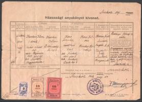 1949 Miskolc, anyakönyvi kivonat 50+10P inségbélyeggel és állami illetékbélyeggel + 1950 Cukorjegy, kéményseprő díjnyugta és egyéb elismervények