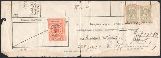 1949 Miskolc, anyakönyvi kivonat 2x10P inségbélyeggel és állami Ft illetékbélyeggel + egy hasonló le...