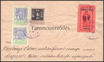 1923 Miskolc, tanoncszerződés 15K ínségbélyeggel és állami 2x5K+ 10K illetékbélyeggel