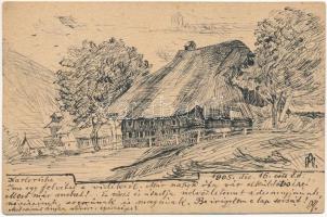 1905 Egyedi, kézzel rajzolt tájképes művészlap M. A. szignóval, hátoldalán romantikus levéllel, a bélyeg alatt titkos üzenettel / Unique, hand-drawn landscape art postcard, with romantic letter and secret message under the stamp. artist signed