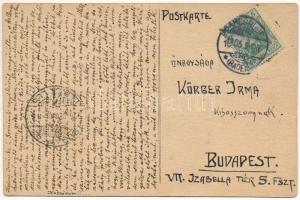 1905 Egyedi, kézzel rajzolt tájképes művészlap M. A. szignóval, hátoldalán romantikus levéllel, a bé...