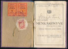 1948 Miskolc munkakönyv városi ujjáépítési illetékbélyegekkel + állami illetékbélyeggel