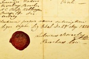 1858 Mágocs anyakönyvi kivonat 15kr CM illetékbélyeggel és viaszpecséttel Seidler - Rimanóczy család