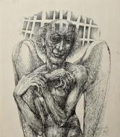 Károlyi András (1938-2023): Angyal (cím nélkül). Tus, toll, papír, jelzett. Hajtásnyommal. 36,5x31,5 cm