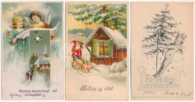 12 db RÉGI karácsonyi és újévi üdvözlőlap jó állapotban, közte 1905 előttiek is, néhány litho / 12 pre-1945 Christmas and New Year greeting art postcards in good condition, with pre-1905 ones and lithos