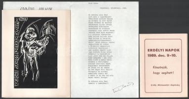 cca 1985-1990 Erdélyi művészettel kapcsolatos vegyes nyomtatványok, közte Kiss Dénes (1939-2013) József Attila-díjas író, költő autográf aláírása saját versén, Kájoni János emlékprospektus (sorszámozott, 361./500), Erdélyi Napok 1989. támogatói jegy, stb.