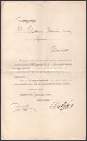 1908 Bp., ,,Magy. kir. államvasutak mozdonyfütők és fütőházi munkások koszoru- és zászlótársulata" értesítő levele az egyesület dísztagjává választásról Rottman Elemér főorvos részére, aláírásokkal