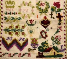 Hímzésminta. 1868, magyar, PJ monogram (Johann Pawlowsky), keresztény szimbólumokkal, koronával, ház...