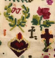 Hímzésminta. 1868, magyar, PJ monogram (Johann Pawlowsky), keresztény szimbólumokkal, koronával, ház...