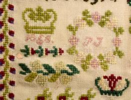 Hímzésminta. 1868, magyar, PJ monogram (Johann Pawlowsky), keresztény szimbólumokkal, koronával, ház...