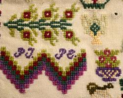 Hímzésminta. 1868, magyar, PJ monogram (Johann Pawlowsky), keresztény szimbólumokkal, koronával, ház...