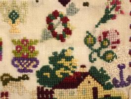 Hímzésminta. 1868, magyar, PJ monogram (Johann Pawlowsky), keresztény szimbólumokkal, koronával, ház...