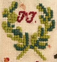 Hímzésminta. 1868, magyar, PJ monogram (Johann Pawlowsky), keresztény szimbólumokkal, koronával, ház...